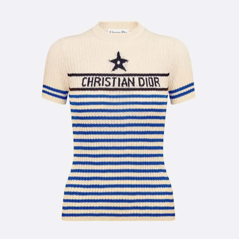 Dior Dioriviera Los Angeles Short-Sleeved Sweater Ecru and Bright Blue Cotton Knit with Signature for Women Dior Dioriviera Los Angeles Short-Sleeved Sweater Ecru and Bright Blue Cotton Knit with Signature for Women
