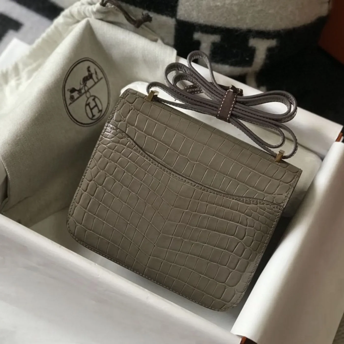 Hermes Mini Constance Bag Grey Gold Color Hardware /