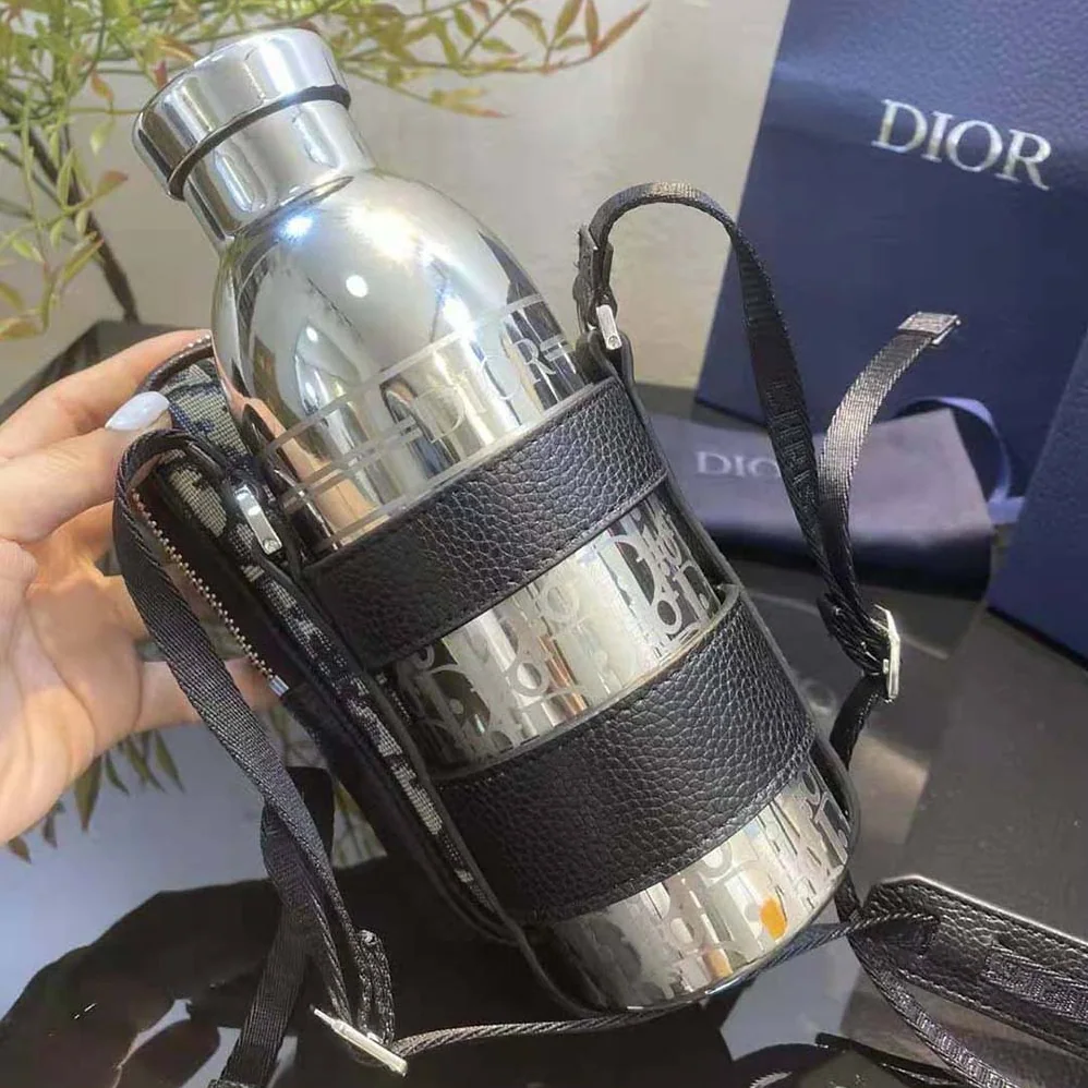 Dior Aqua Bottle with Shoulder Strap Off-White Grained Calfskin and Dior Oblique Stainless Steel for Unisex