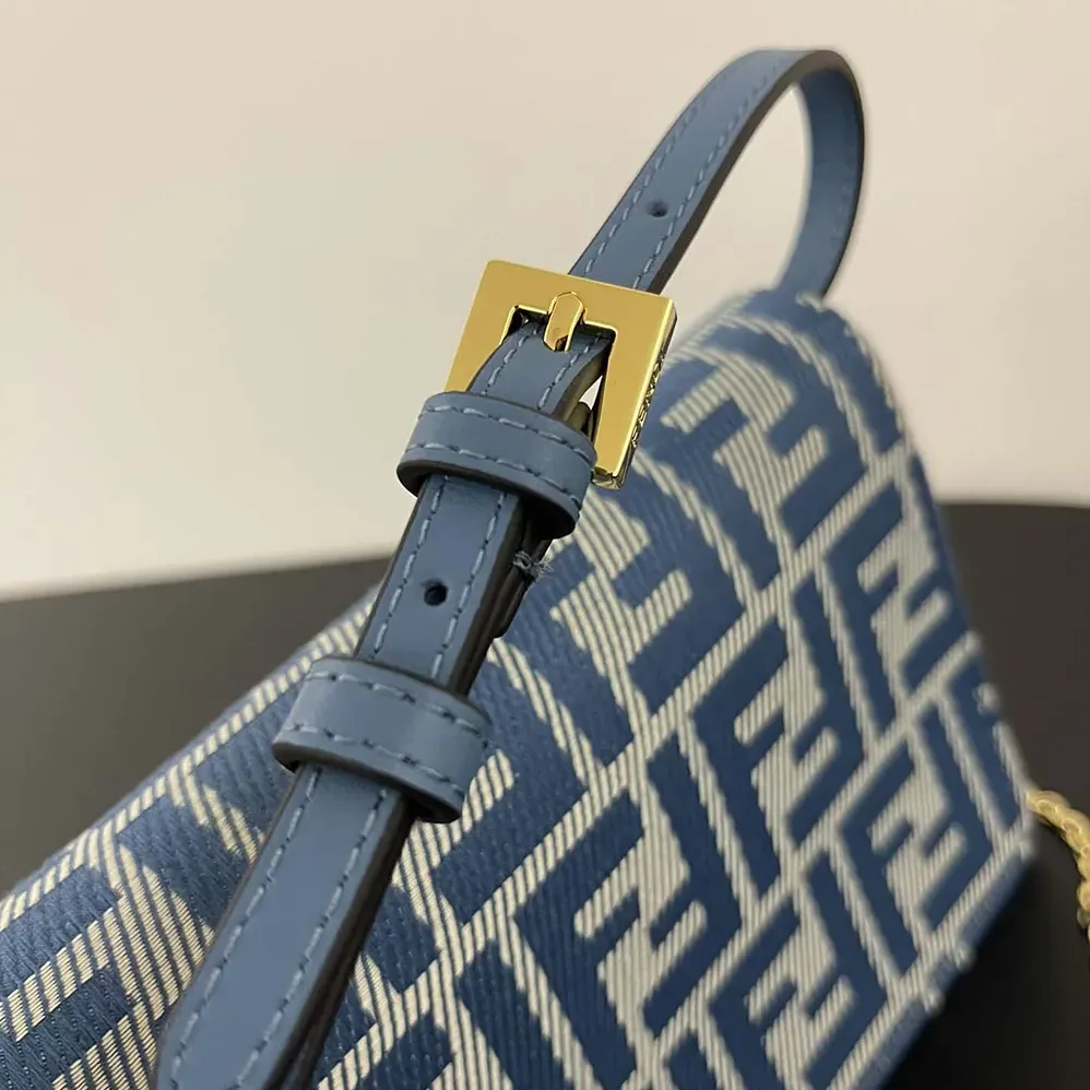 Fendi Wallet On Chain Baguette Blue Denim for Women in effect FF Jacquard Wallet