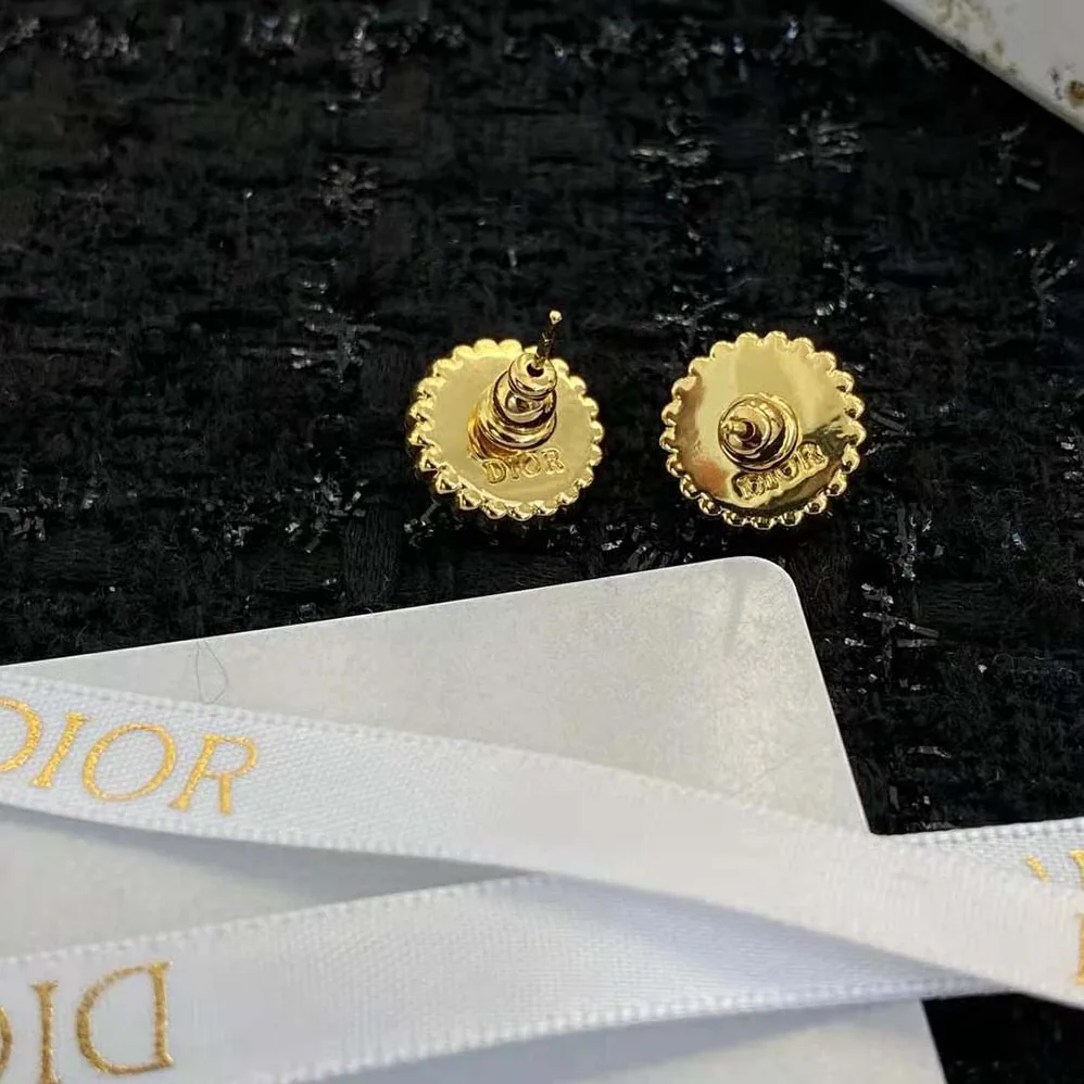 Dior Petit CD Studs Earrings Gold-Finish Metal and White Resin Pearls with Black Glass for Women