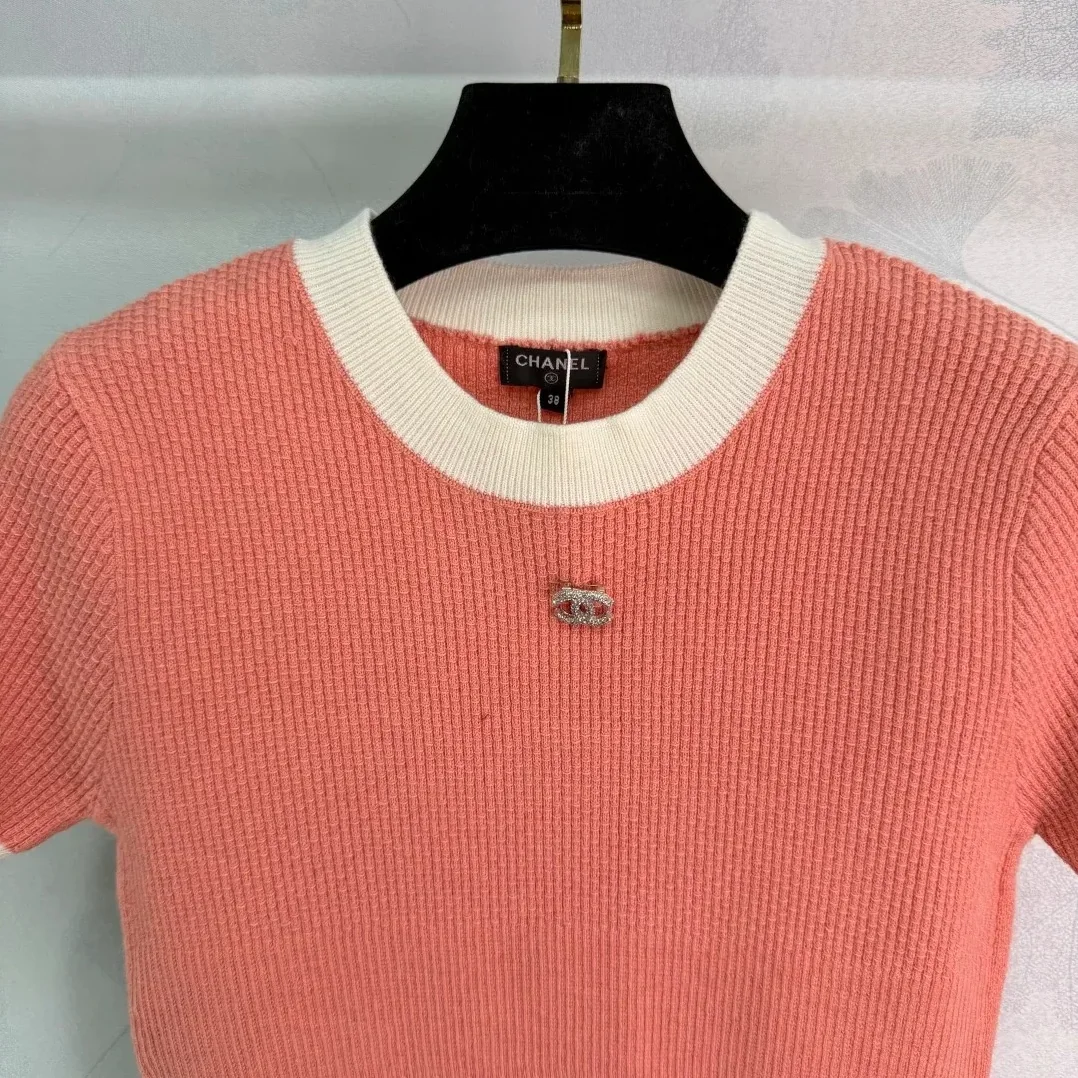 Chanel Ribbed Short Sleeve T in Shirt Coral