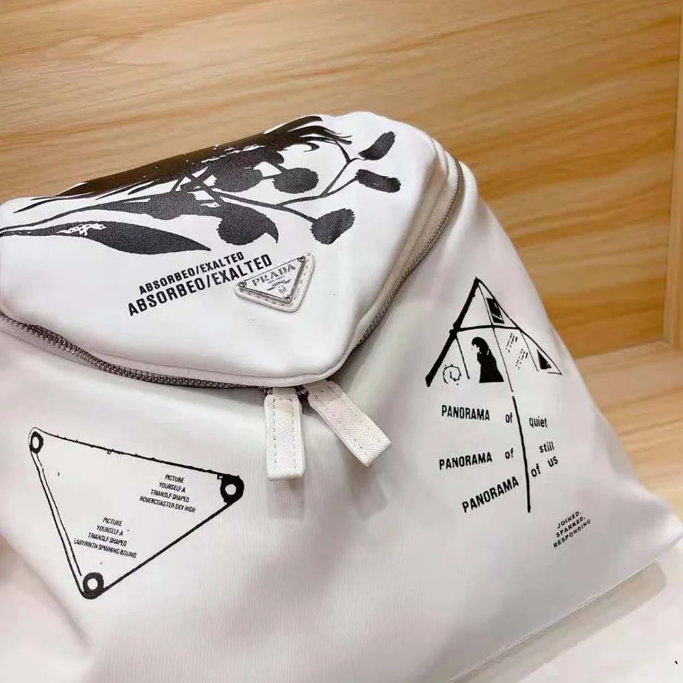 Prada Signaux Printed Nylon Backpack for Women in White Prada Signaux Printed Nylon Backpack for Women in White