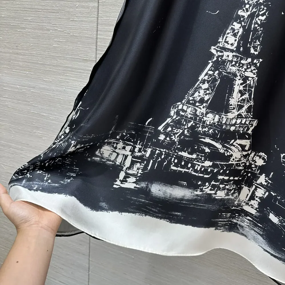 Dior A-Line Mid-Length Dress Black and White Silk Twill with Paris Motif for Women Dior A-Line Mid-Length Dress Black and White Silk Twill with Paris Motif for Women