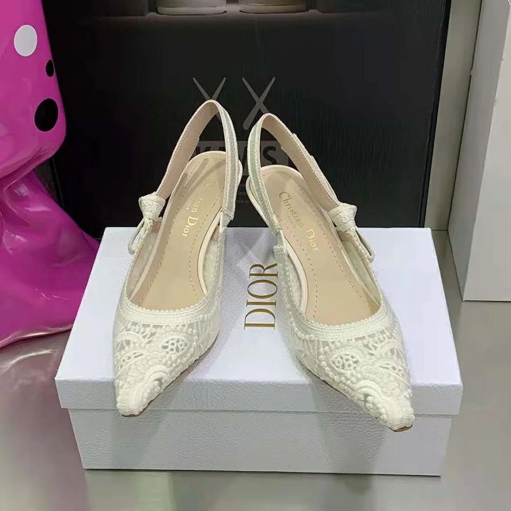 Dior J Sdior Slingback Pump White Macramé Embroidered Cotton for Women