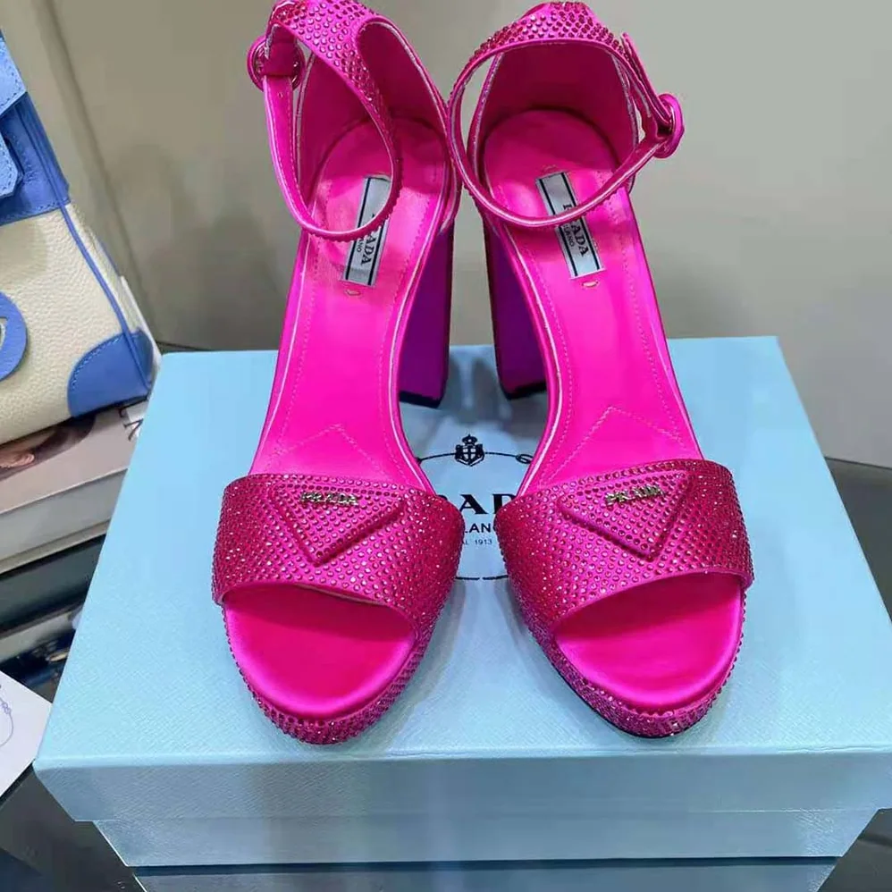 Prada Satin Platform Sandals with Crystals for Women in Pink