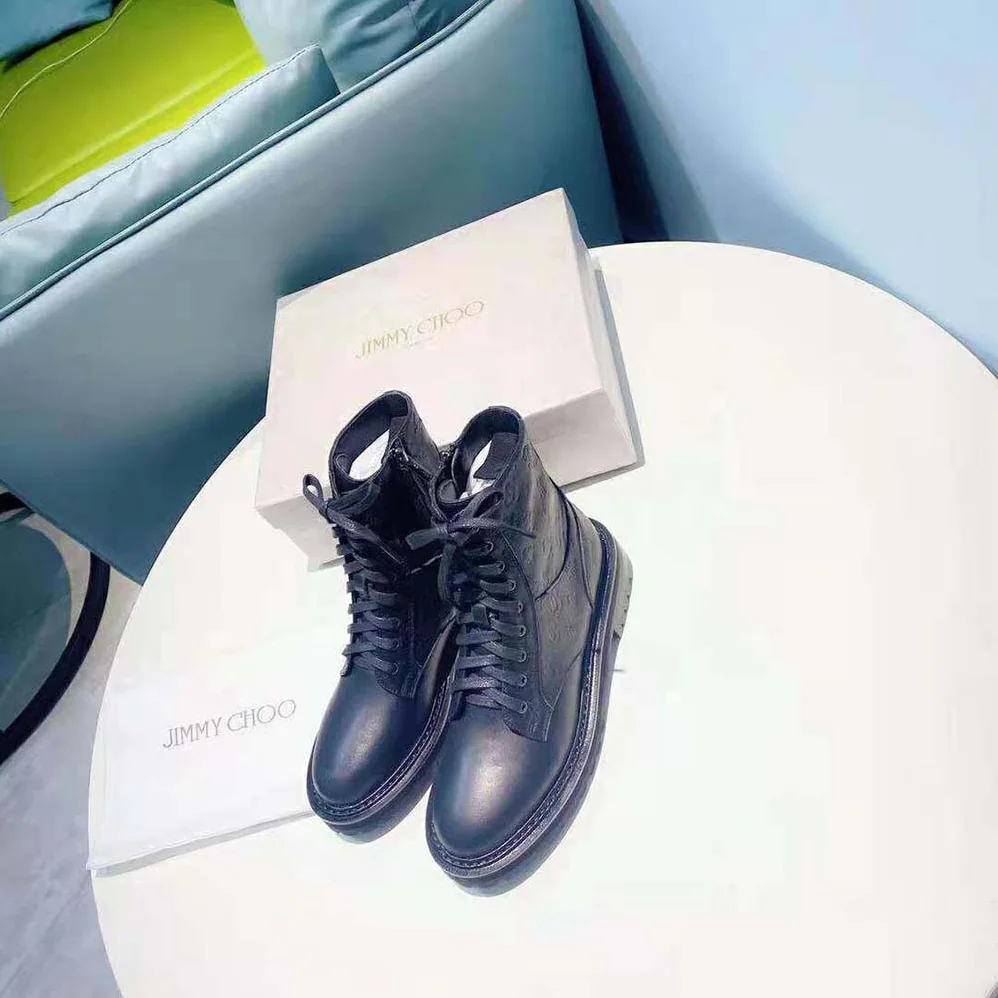 Jimmy Choo Cora Flat Black JC Monogram Leather Mix Combat Boots for Women
