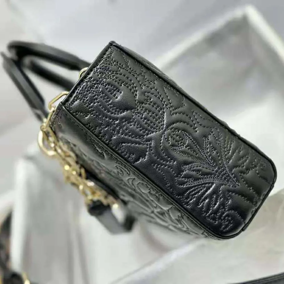 Dior Medium Lady D-joy Bag Black Quilted-Effect Lambskin with Ornamental Motif for Women