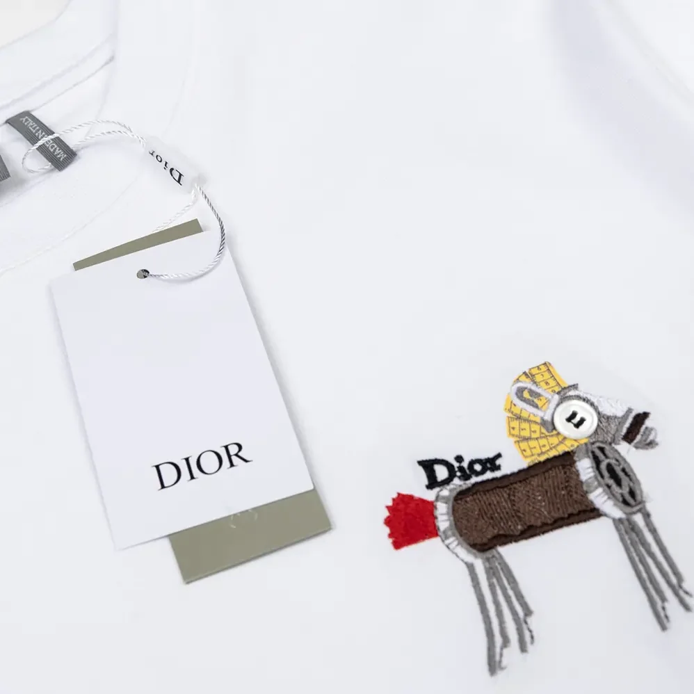 Dior T-Shirt with Horse Embroidery Relaxed Fit White Cotton Jersey for Men