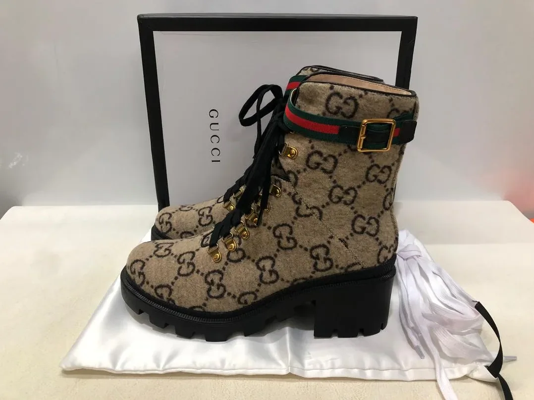 Gucci Trip GG Wool Combat Boots By Canvas Beige in Ebony
