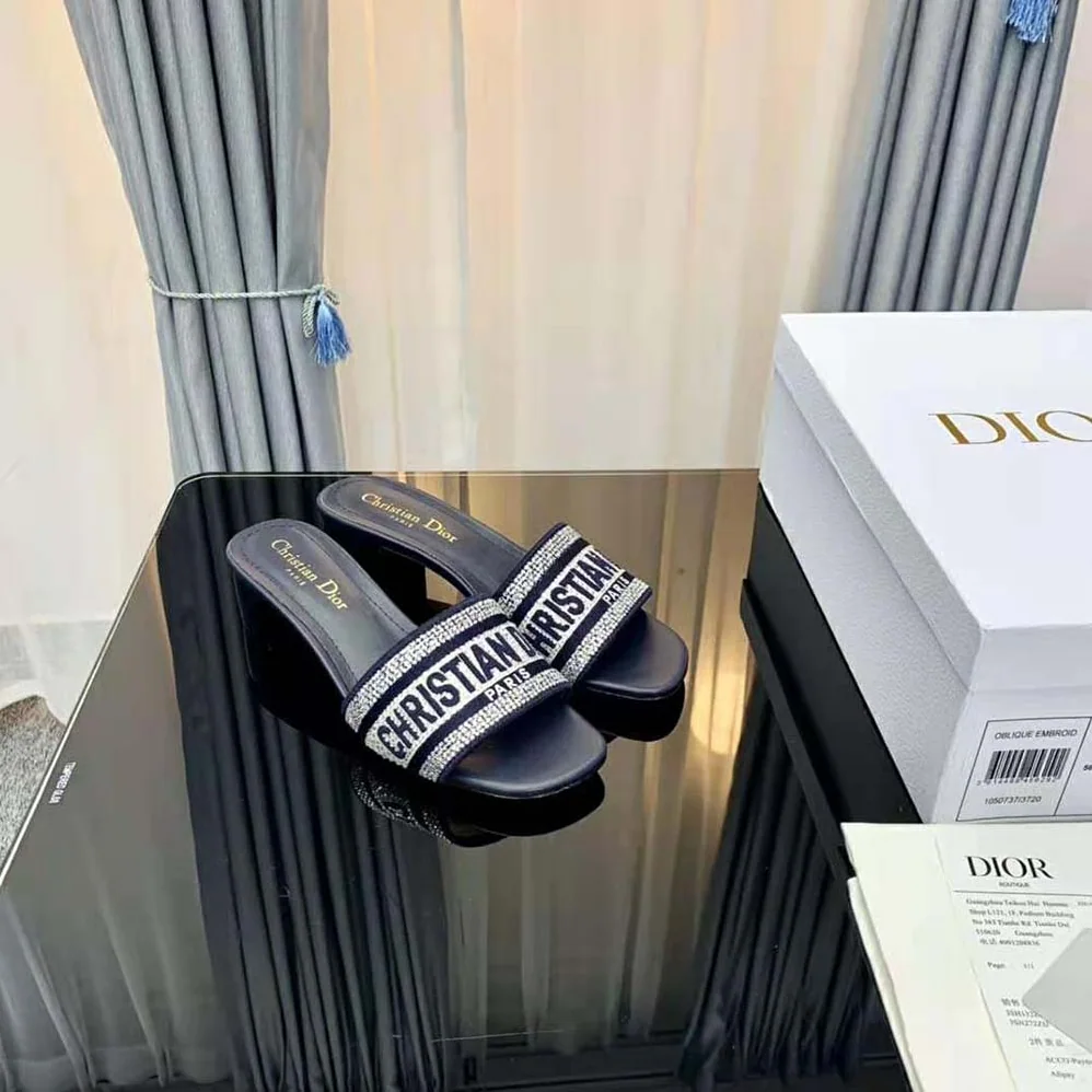 Dior Dway Heeled Slide Black Cotton Embroidered for Women Dior Dway Heeled Slide Black Cotton Embroidered for Women