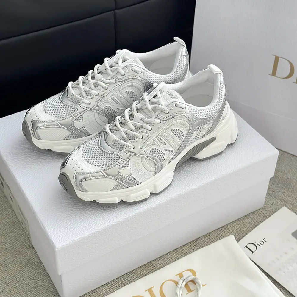 Dior Chrono Sneaker White Mesh with Silver-Tone and White Laminated Leather for Unisex in Effect Inserts