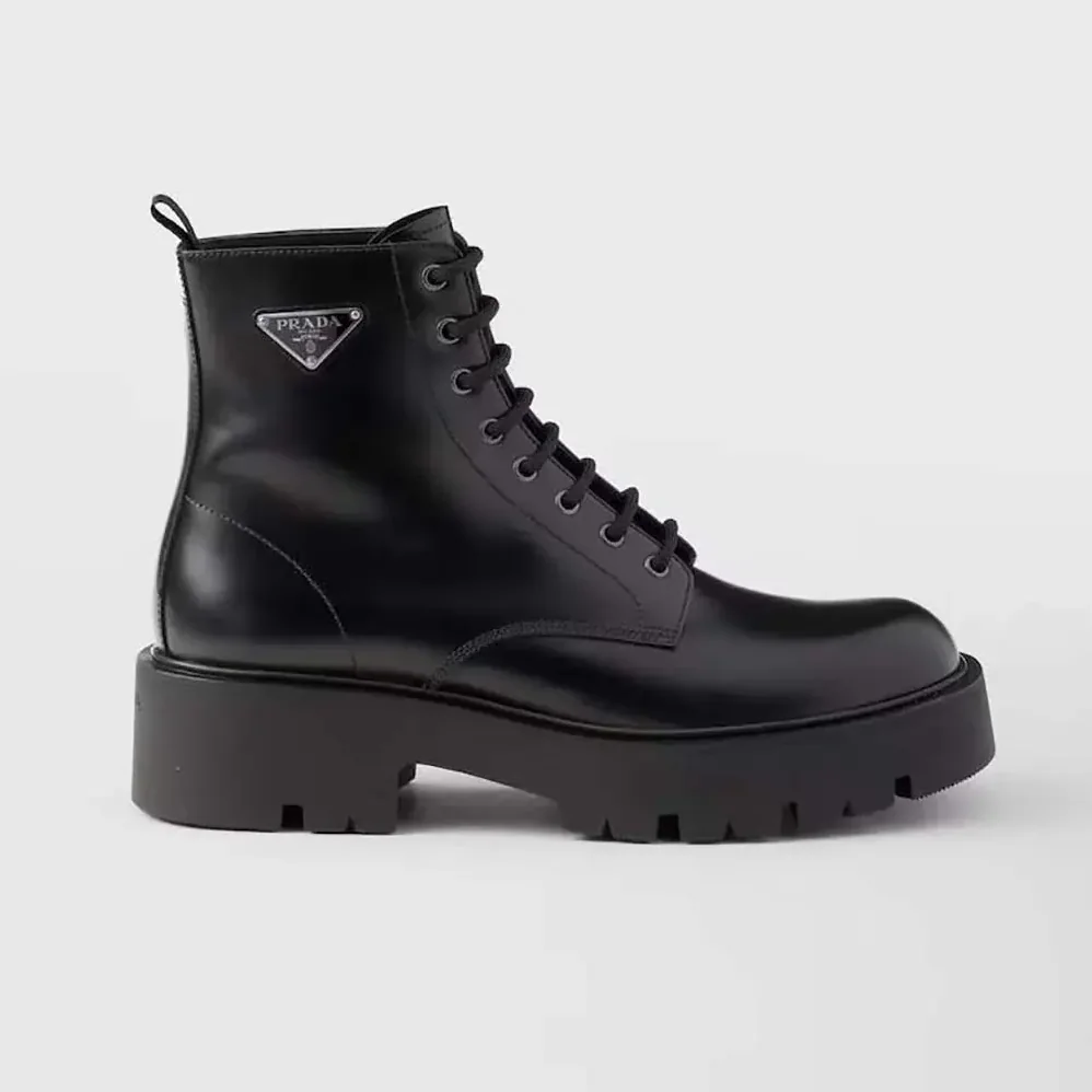 Prada Brushed Leather Combat Boots for Unisex in Black