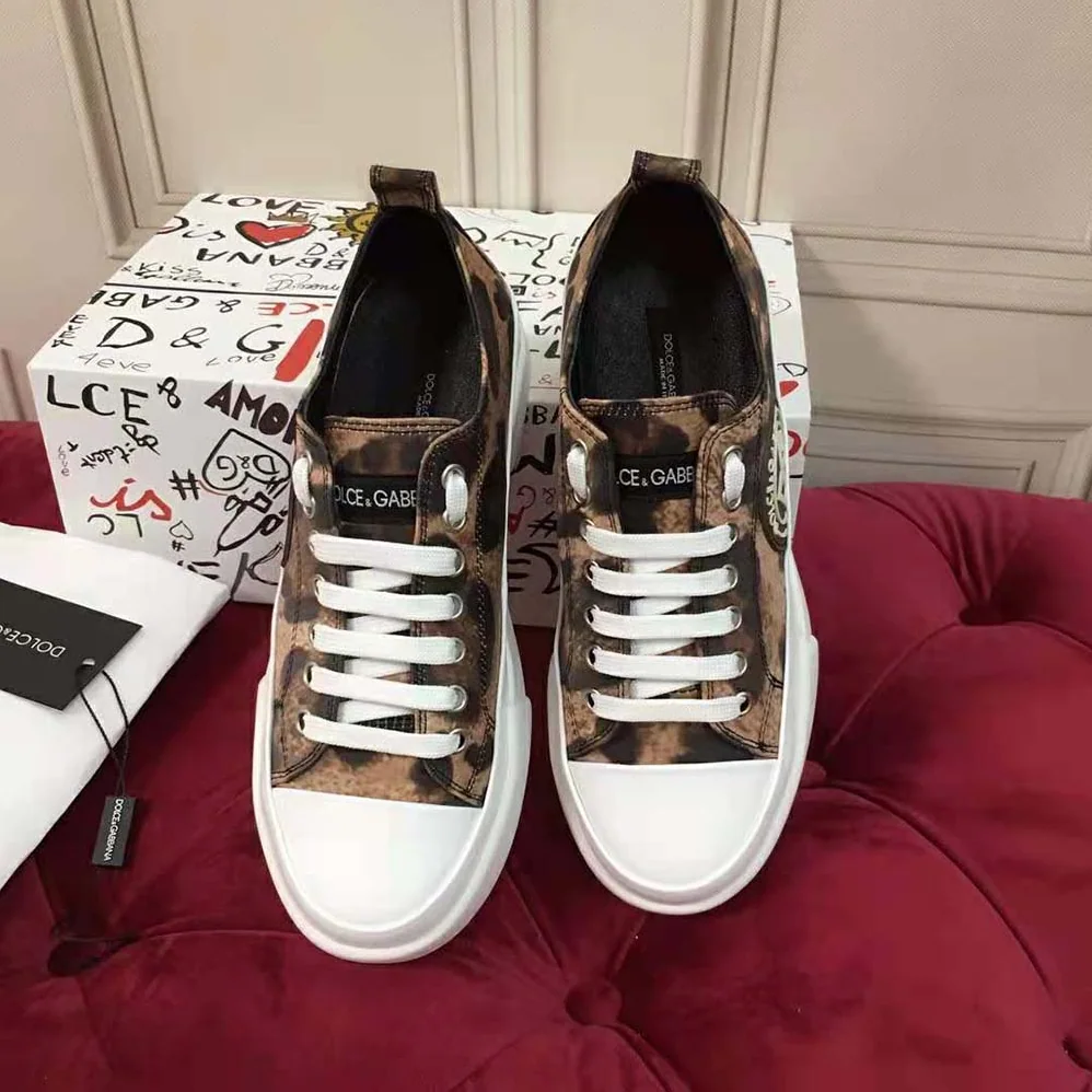 Dolce Gabbana D&G Cotton Drill Portofino Light Sneakers with Leopard Print and DG Logo for Women