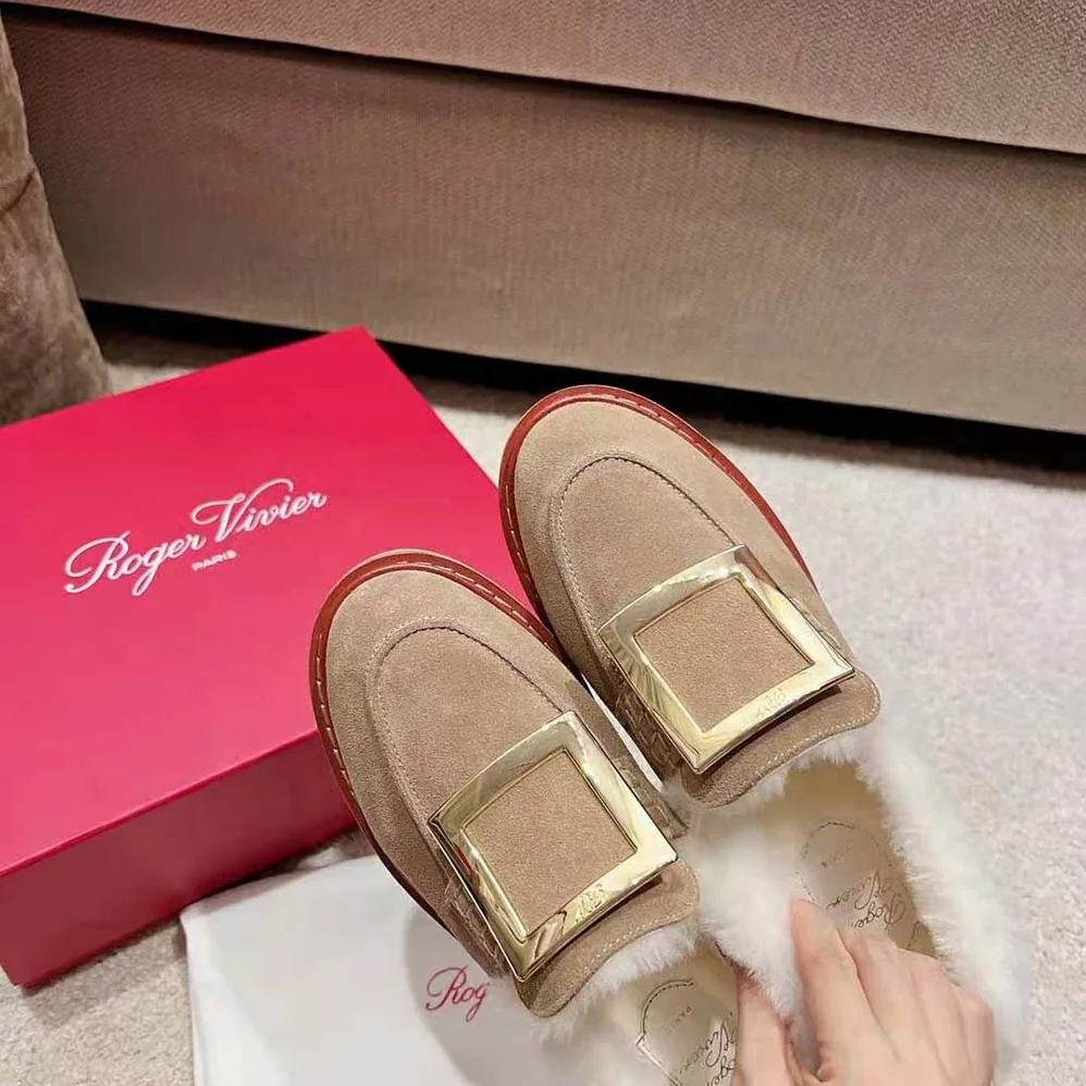 Roger Vivier Viv' Rangers Metal Buckle Fur Loafers for Women Roger Vivier Viv' Rangers Metal Buckle Fur Loafers for Women
