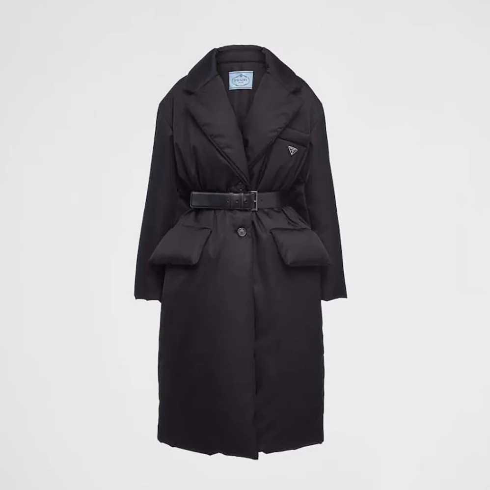 Prada Re-Nylon Down Coat with Enameled Metal Triangle Logo for Women Prada Re-Nylon Down Coat with Enameled Metal Triangle Logo for Women