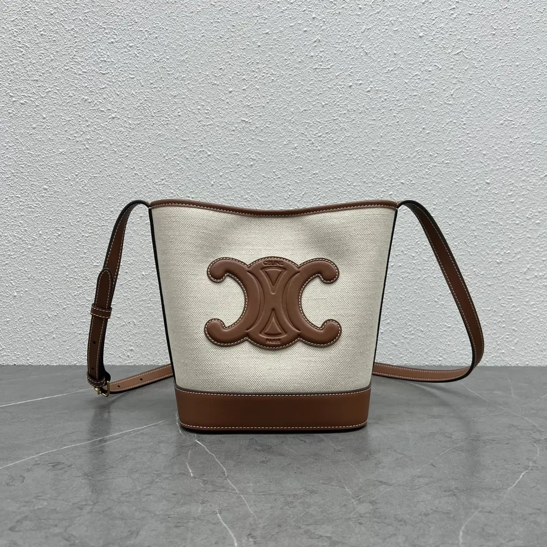 Celine Small Bucket Cuir Triomphe In Textile Natural / Tan / .02NT