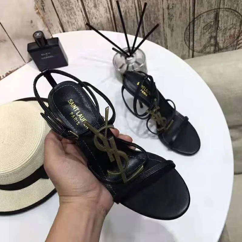 Saint Laurent YSL Cassandra Sandals with Gold Logo in Smooth Leather (110) Heel Height for Women in Black