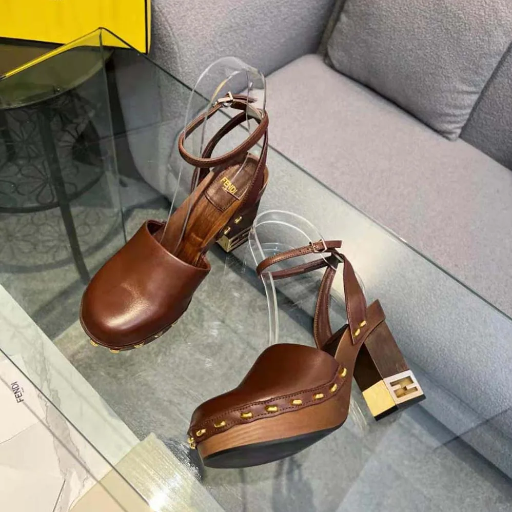 Fendi Baguette Show Brown Leather High for Women in Heeled Clogs Fendi Baguette Show Brown Leather High for Women in Heeled Clogs
