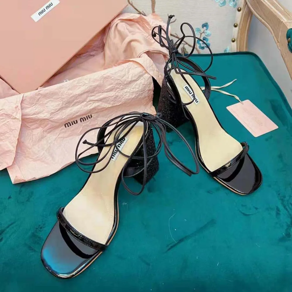 Miu Miu Patent Leather and Glitter Sandals in 100mm Heel Height for Women in Black Miu Miu Patent Leather and Glitter Sandals in 100mm Heel Height for Women in Black