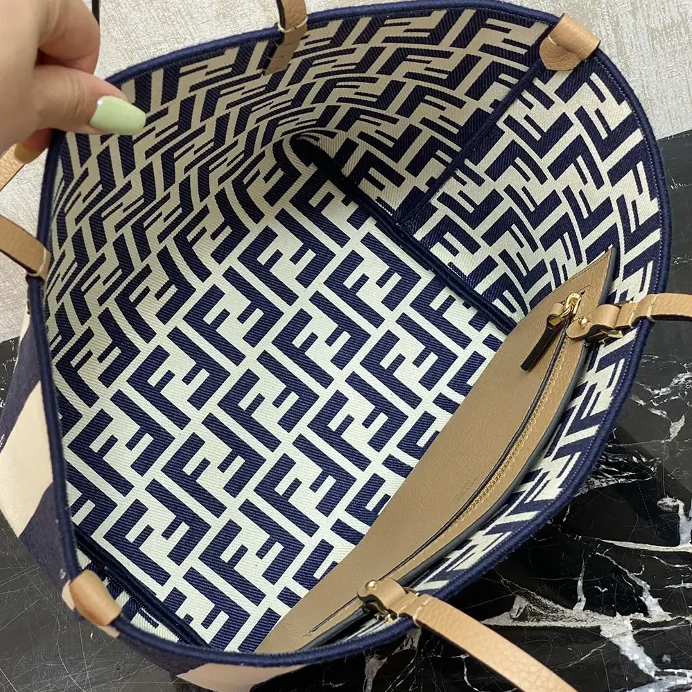 Fendi Small Roll Reversible Shopper in Pequin Striped and Midnight Blue FF Fabric for Women Fendi Small Roll Reversible Shopper in Pequin Striped and Midnight Blue FF Fabric for Women
