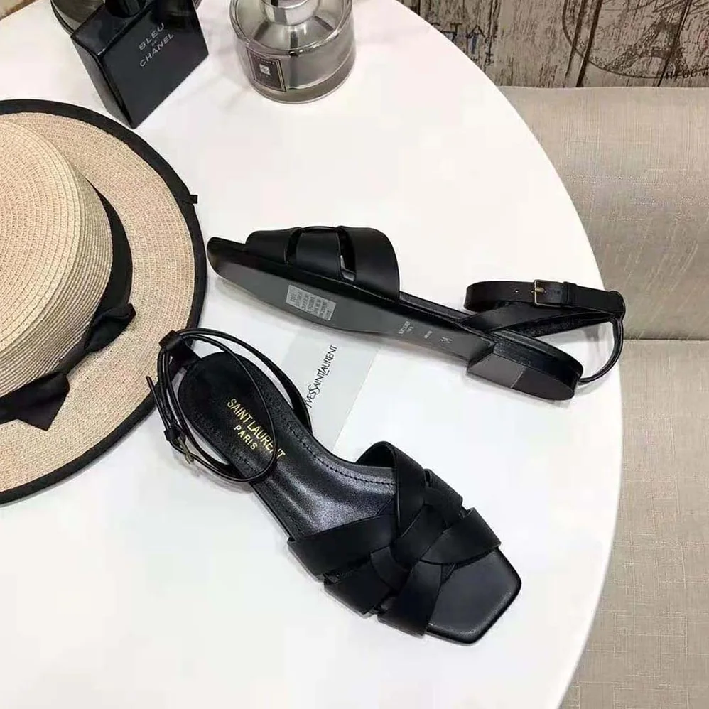 Saint Laurent YSL Tribute Flat Sandals in Smooth Leather for Women Saint Laurent YSL Tribute Flat Sandals in Smooth Leather for Women