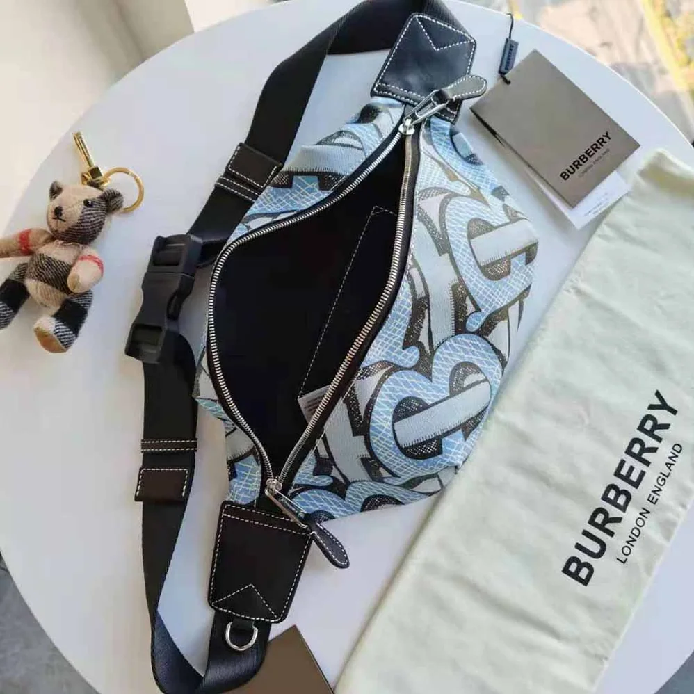 Burberry Monogram Print E-canvas Sonny Bum Bag for Women in Blue Burberry Monogram Print E-canvas Sonny Bum Bag for Women in Blue