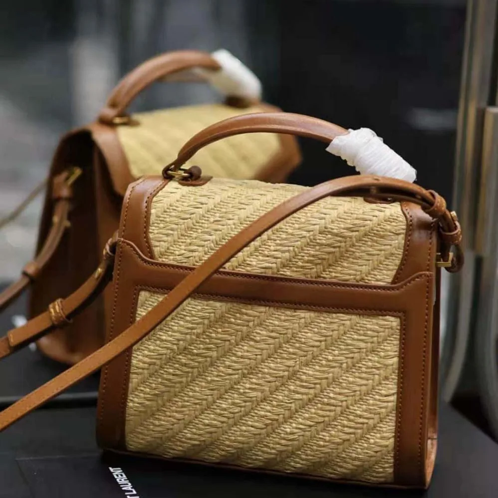 Saint Laurent YSL Cassandra Mini Top Handle Bag in Raffia and Vegetable for Women in tanned Leather Saint Laurent YSL Cassandra Mini Top Handle Bag in Raffia and Vegetable for Women in tanned Leather