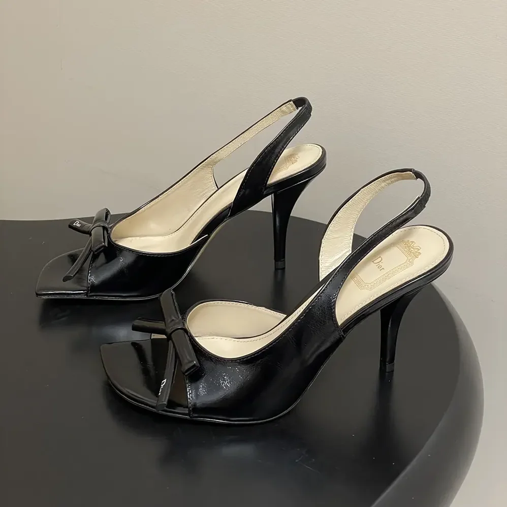 Dior Bow Heeled Slingback Sandal Black Lambskin for Women
