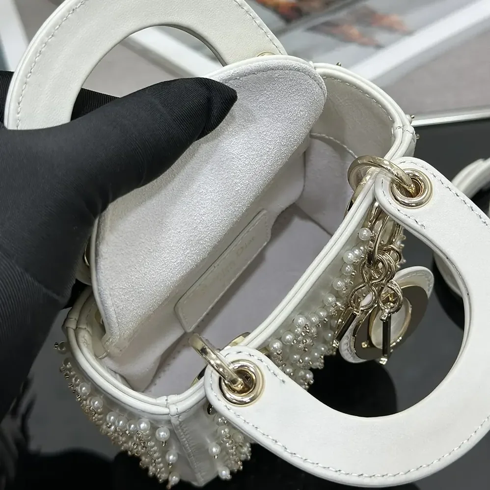 Dior Lady Dior Micro Bag Latte Cannage Lambskin with Resin Pearls for Women Dior Lady Dior Micro Bag Latte Cannage Lambskin with Resin Pearls for Women