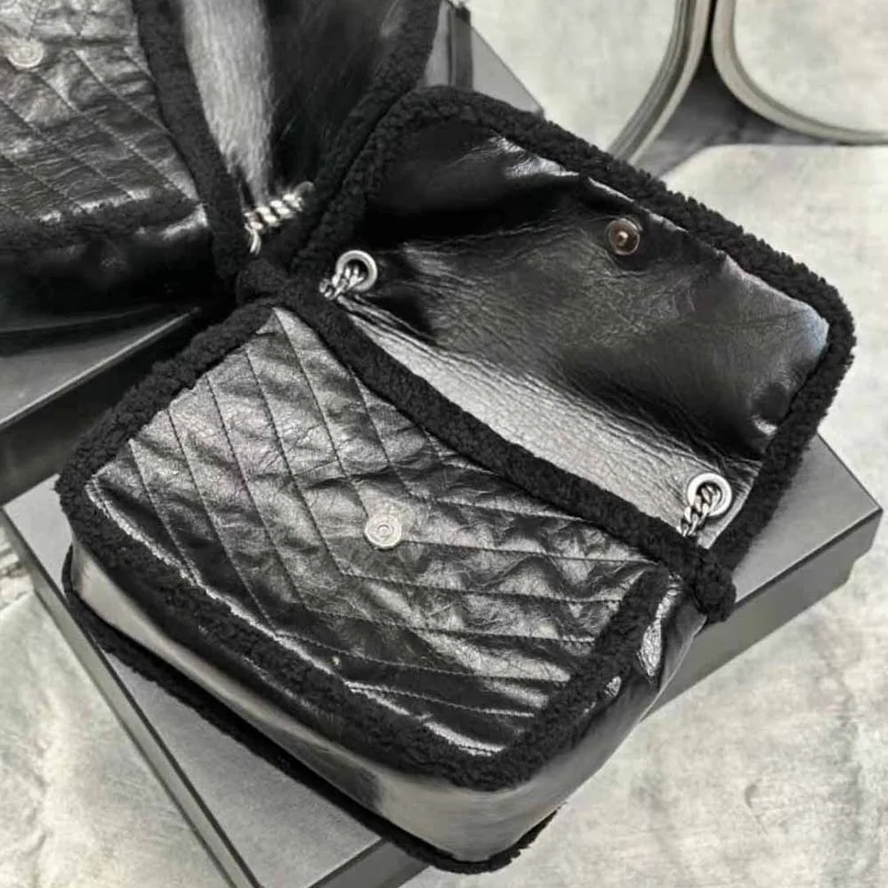 Saint Laurent YSL Niki Medium Chain Bag in Crinkled Leather and Shearling for Women Saint Laurent YSL Niki Medium Chain Bag in Crinkled Leather and Shearling for Women
