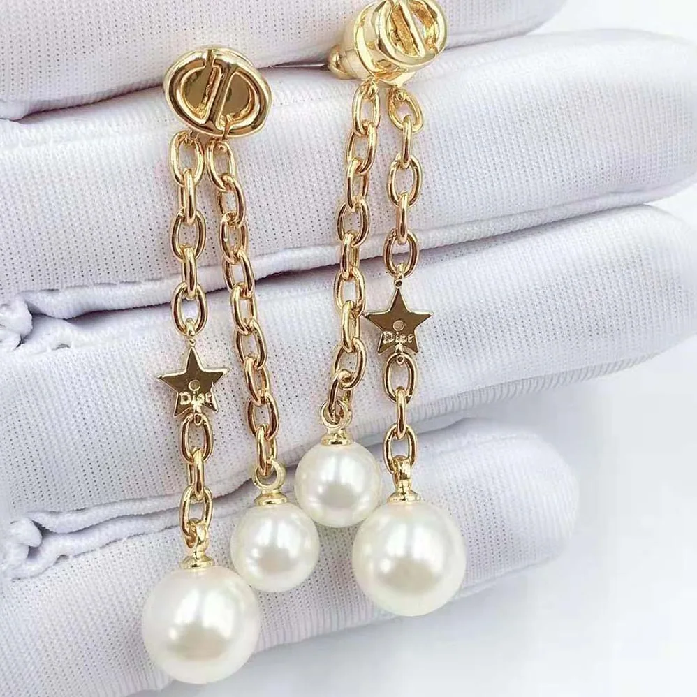 Dior CD Navy Earrings Gold-Finish Metal and White Resin Pearls for Women