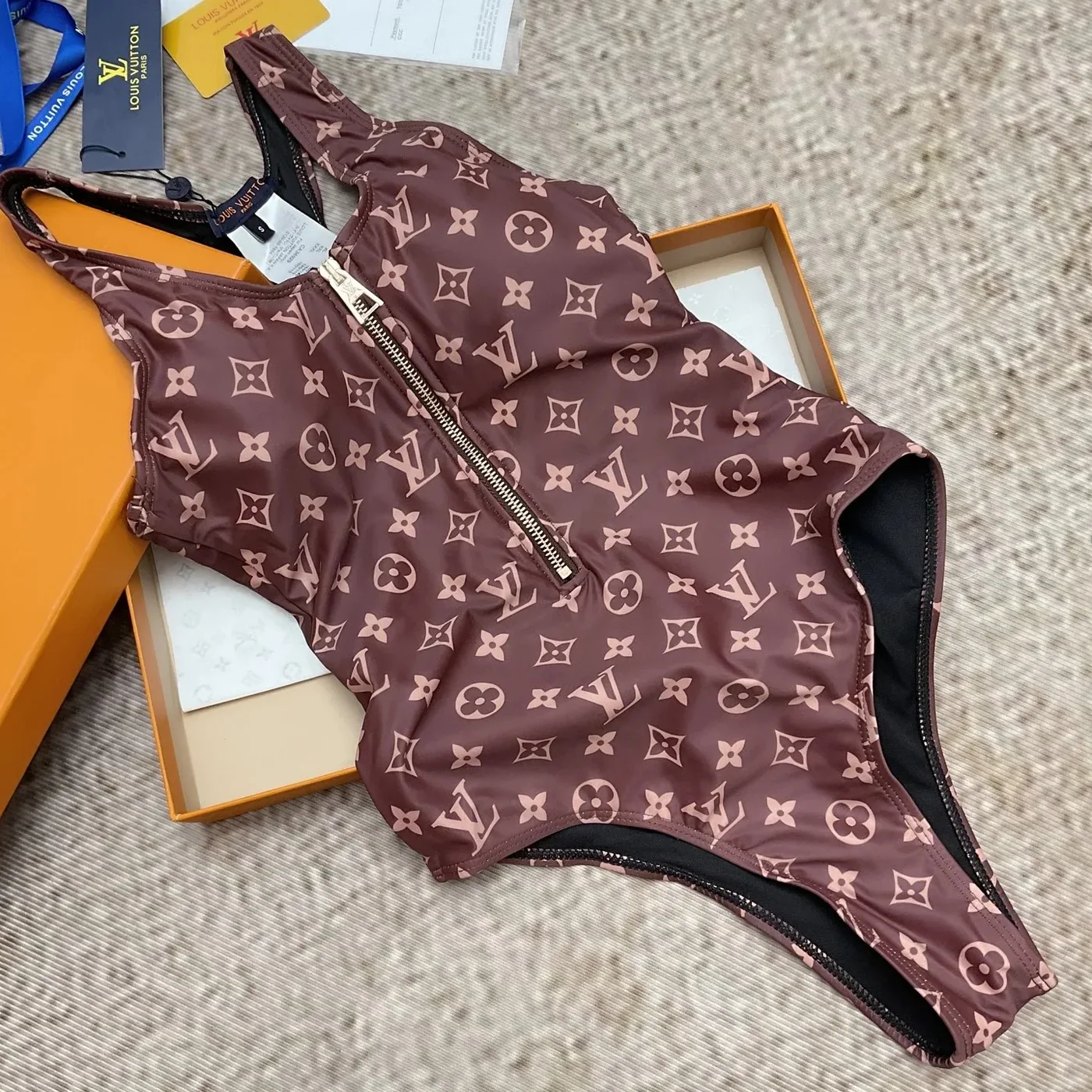 Louis Vuitton Front-Zip Racerback One in Piece Swimsuit Brown Monogram Louis Vuitton Front-Zip Racerback One in Piece Swimsuit Brown Monogram