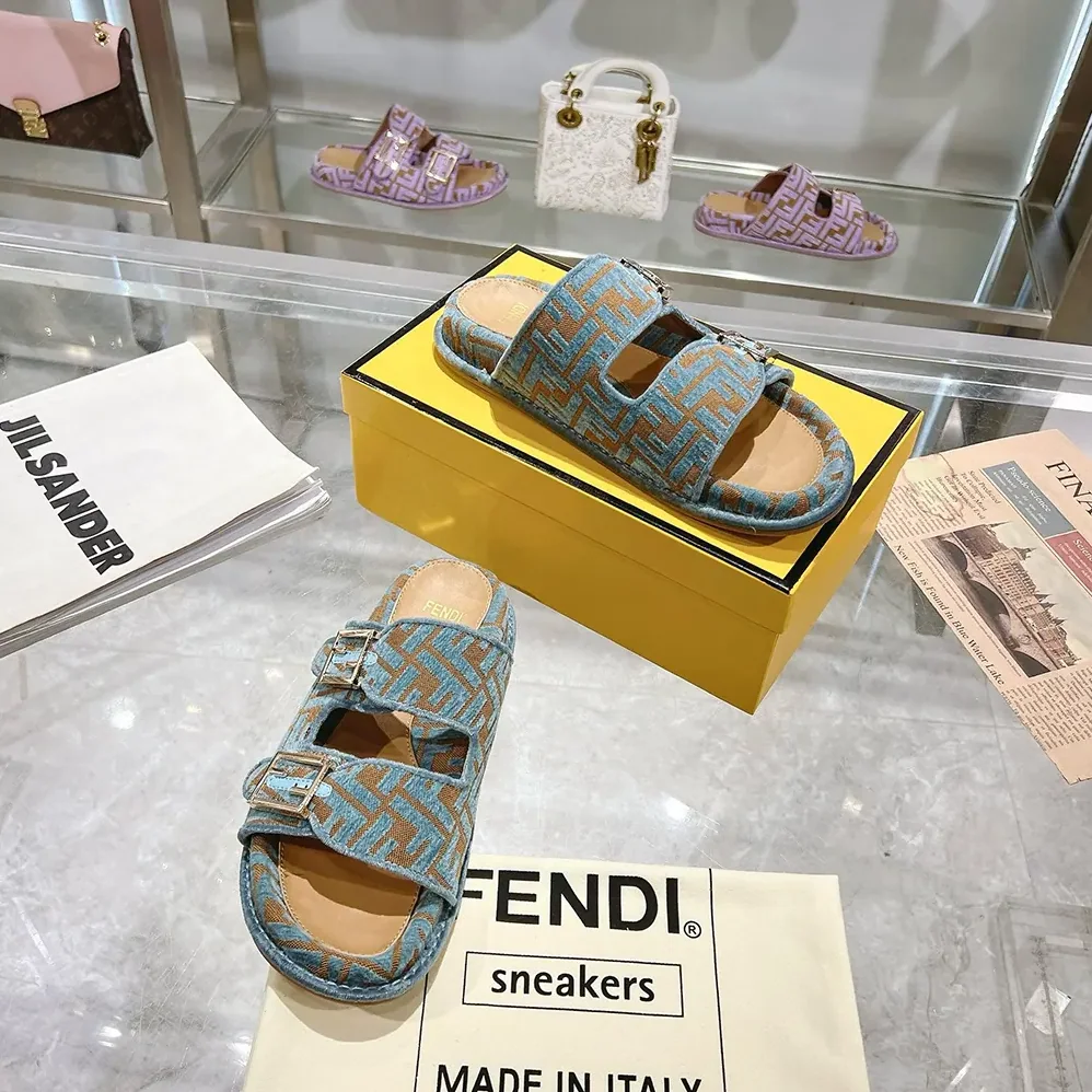 Fendi Feel Light Blue FF Jacquard Velvet Slides for Women