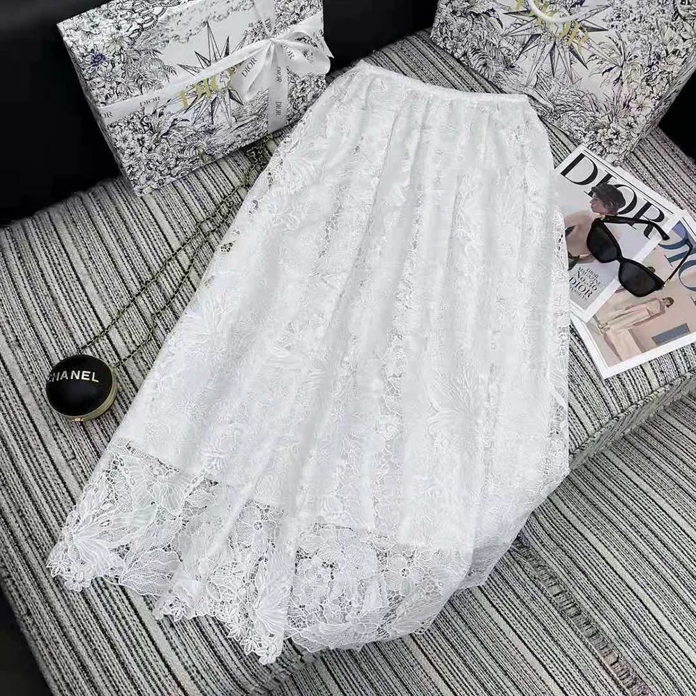 Dior Flared Mid-length Skirt Ecru Technical Cotton Lace with Star Motif for Women