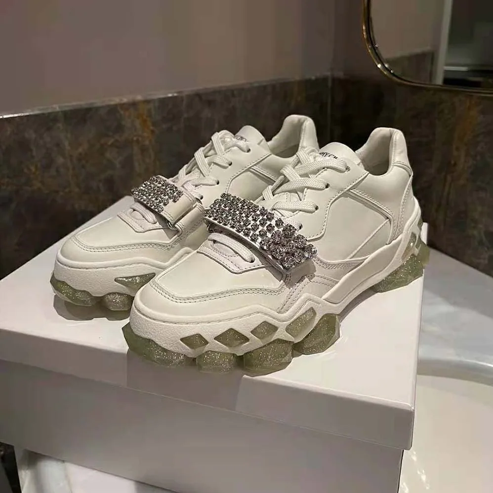 Jimmy Choo Diamond X Strap/F White Calf Leather Low Top Trainers with Crystal Strap for Women