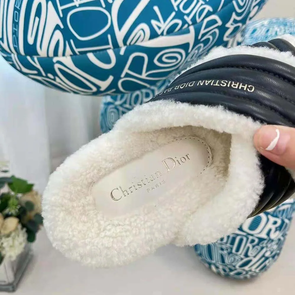 Dior D-Cross Slide Black Lambskin and White Shearling for Women