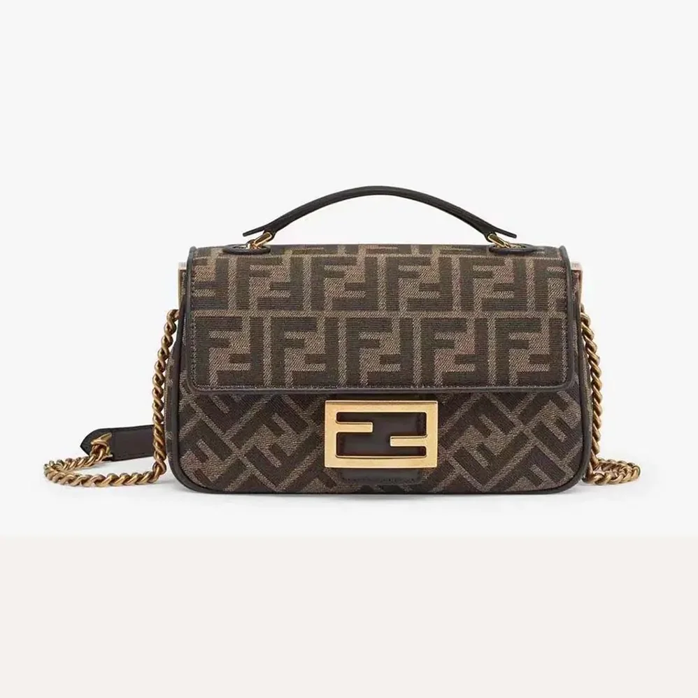 Fendi Baguette Chain MidiBrown FF Jacquard Fabric Bag for Women