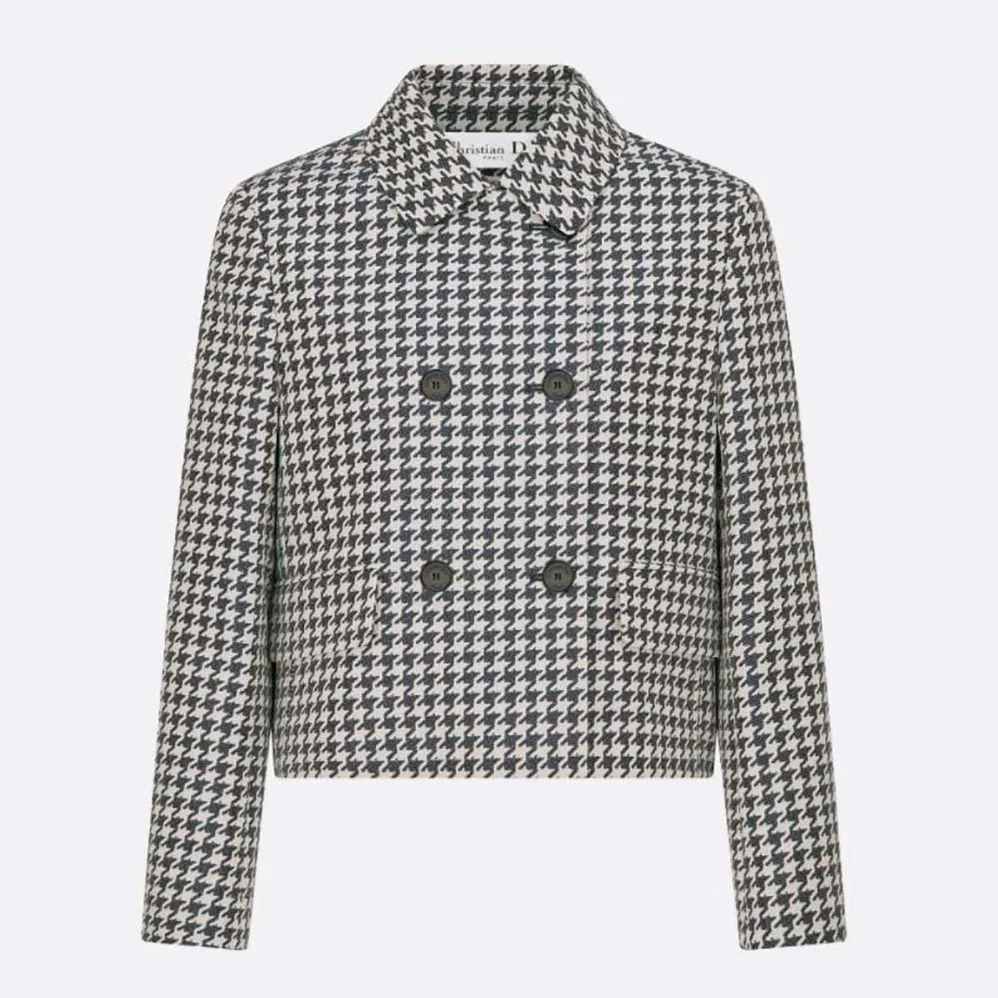 Dior Cropped Jacket Navy Blue Technical Cotton Jacquard with Micro Houndstooth Motif for Women