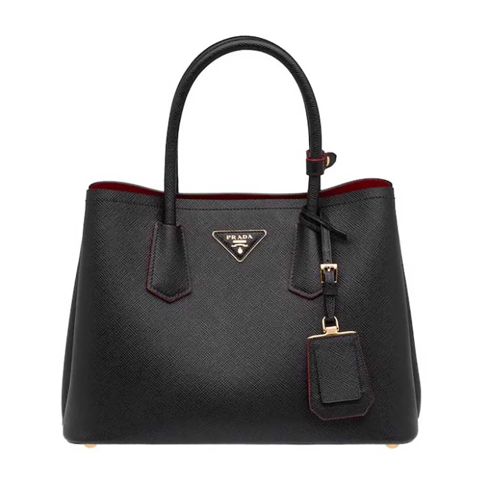 Prada Small Saffiano Leather Double Prada Bag for Women in Black Prada Small Saffiano Leather Double Prada Bag for Women in Black
