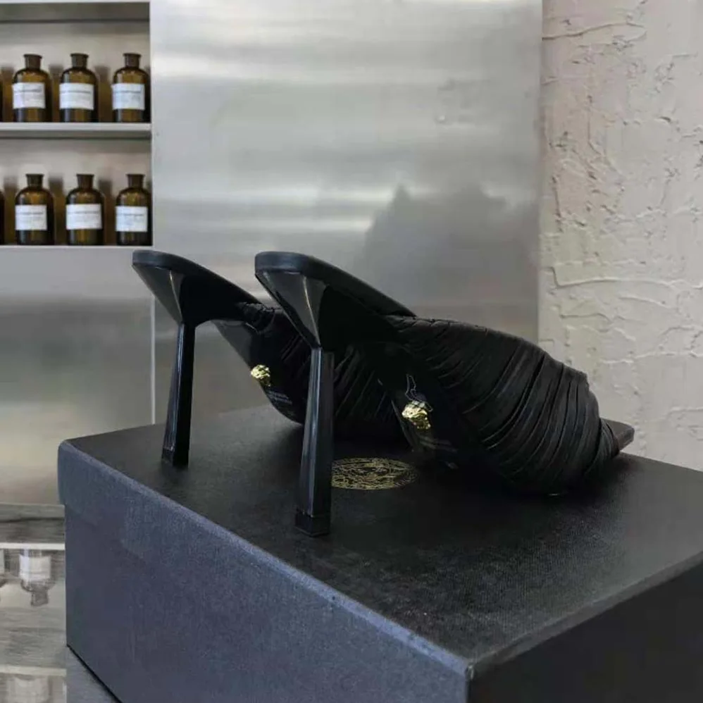 Versace Plisse Nappa Leather Mules in 11cm Heel for Women in Black Versace Plisse Nappa Leather Mules in 11cm Heel for Women in Black