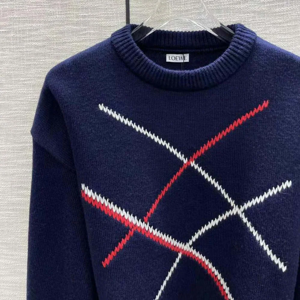 Loewe Cropped Argyle Sweater in Wool for Women in Navy Loewe Cropped Argyle Sweater in Wool for Women in Navy