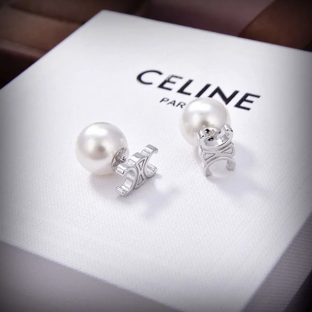 Celine Triomphe Pearl Earrings Silver
