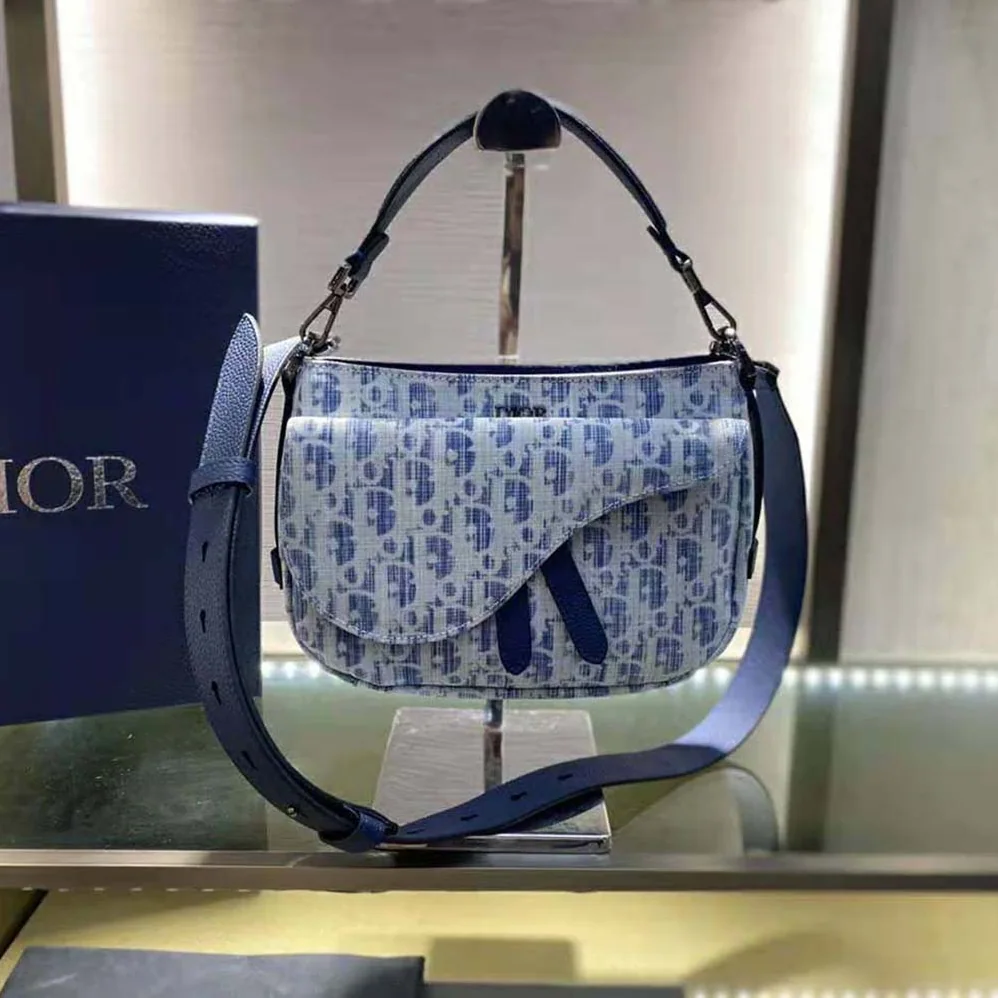 Dior Mini Saddle Soft Bag Blue Dior Oblique Kasuri jacquard for Men