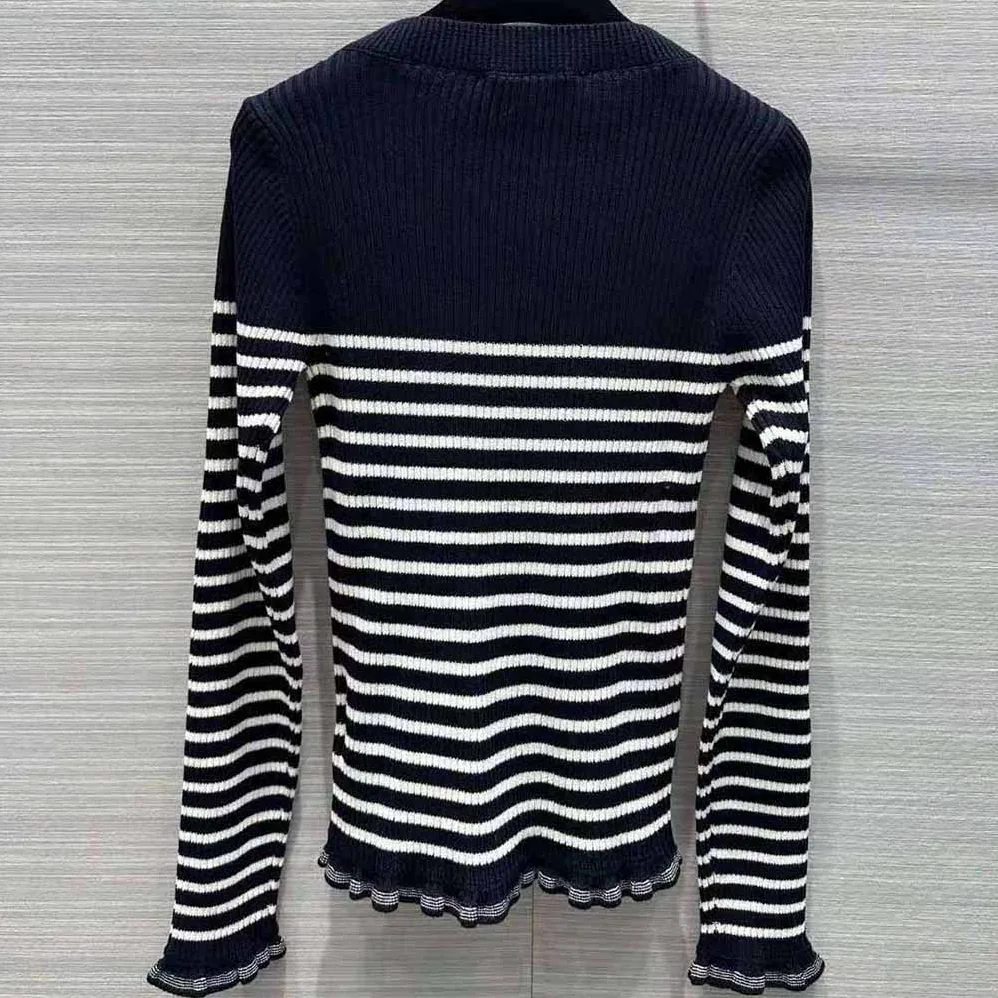 Dior Sweater Navy Blue and White Cotton Ribbed Knit with Signature for Women