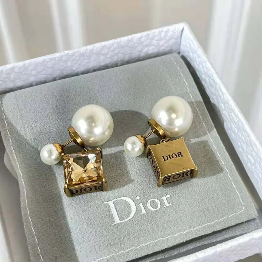 Dior Tribales Earrings Antique Gold-Finish Metal with White Resin Pearls and Citrine for Women