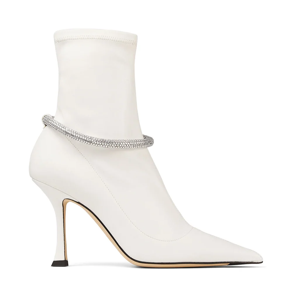 Jimmy Choo Leroy 90 Latte Stretch Bonded Fabric Sock Boots with Crystal Embellishment for Women
