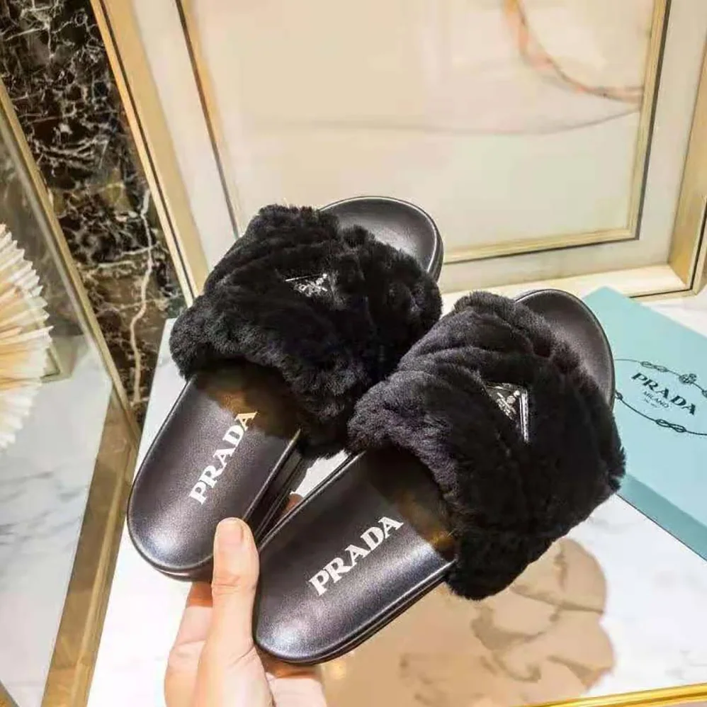 Prada Shearling Slides in 20mm Heel for Women in Black