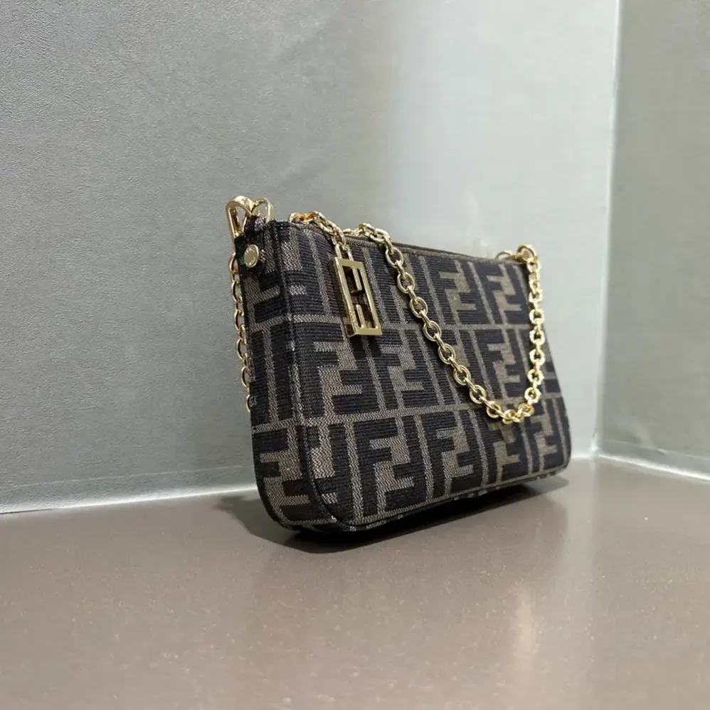 Fendi Baguette Pouch Brown Jacquard FF Fabric Clutch with Chain for Women