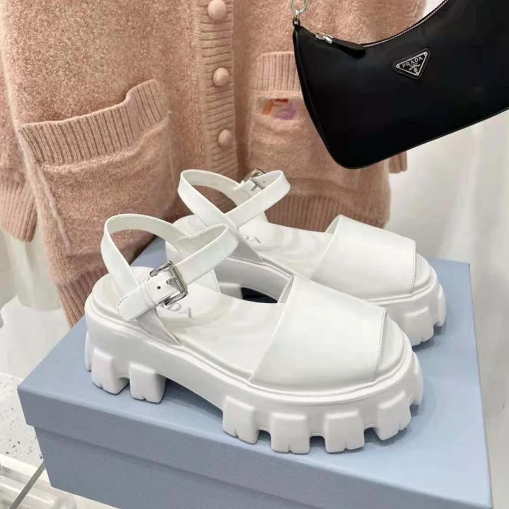 Prada Monolith Brushed Leather Sandals in 55mm Heel for Women in White